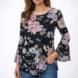 Linda Matthews Floral Print Blouse Top Flare Sleeve Mesh Overlay Size Small